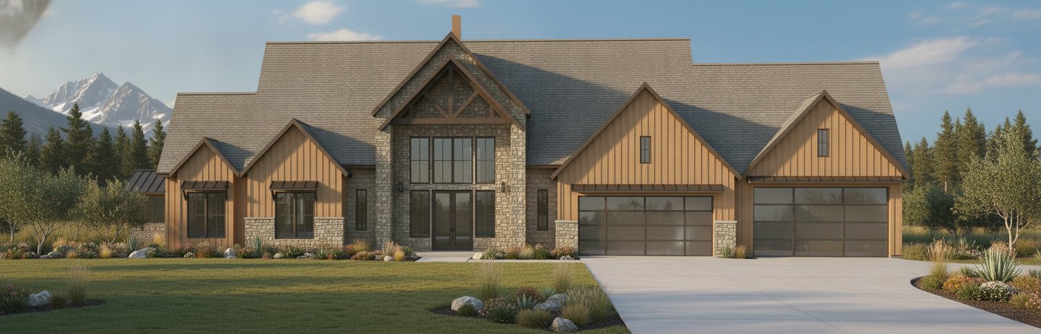 Front exterior rendering — three-quarter view