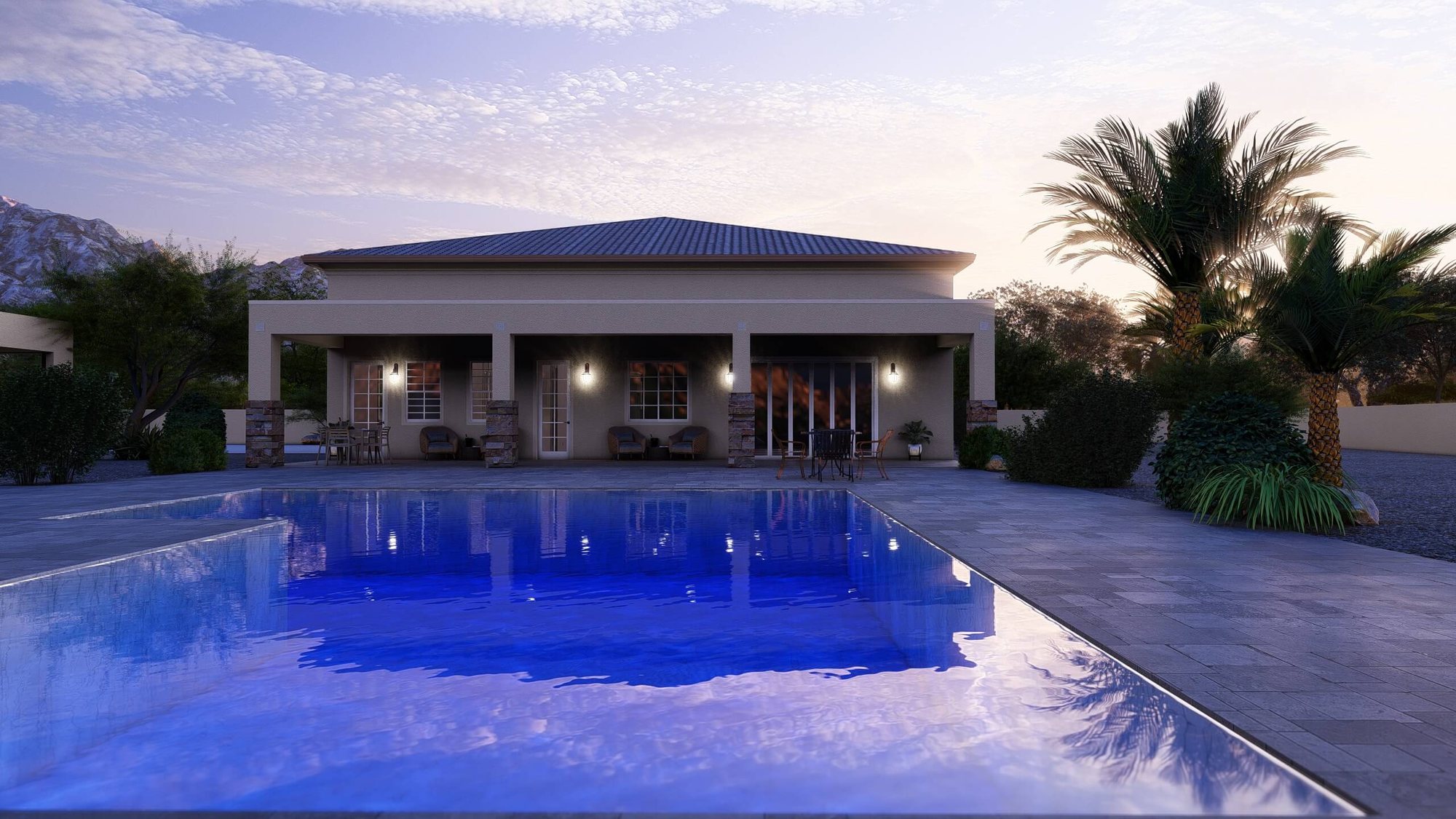 Desert-contemporary custom home — exterior rendering at sunset