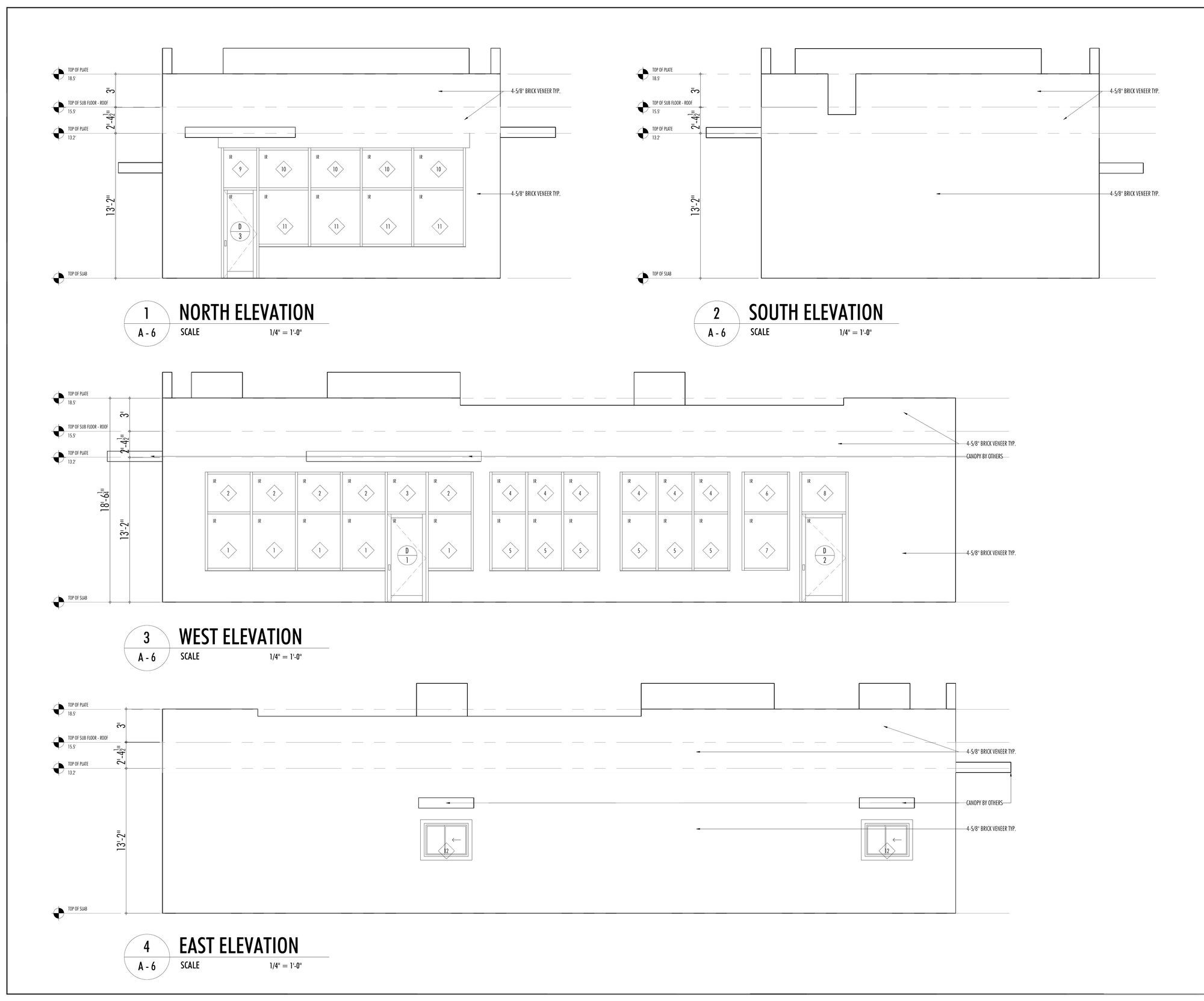 Exterior storefront elevations — all four faces