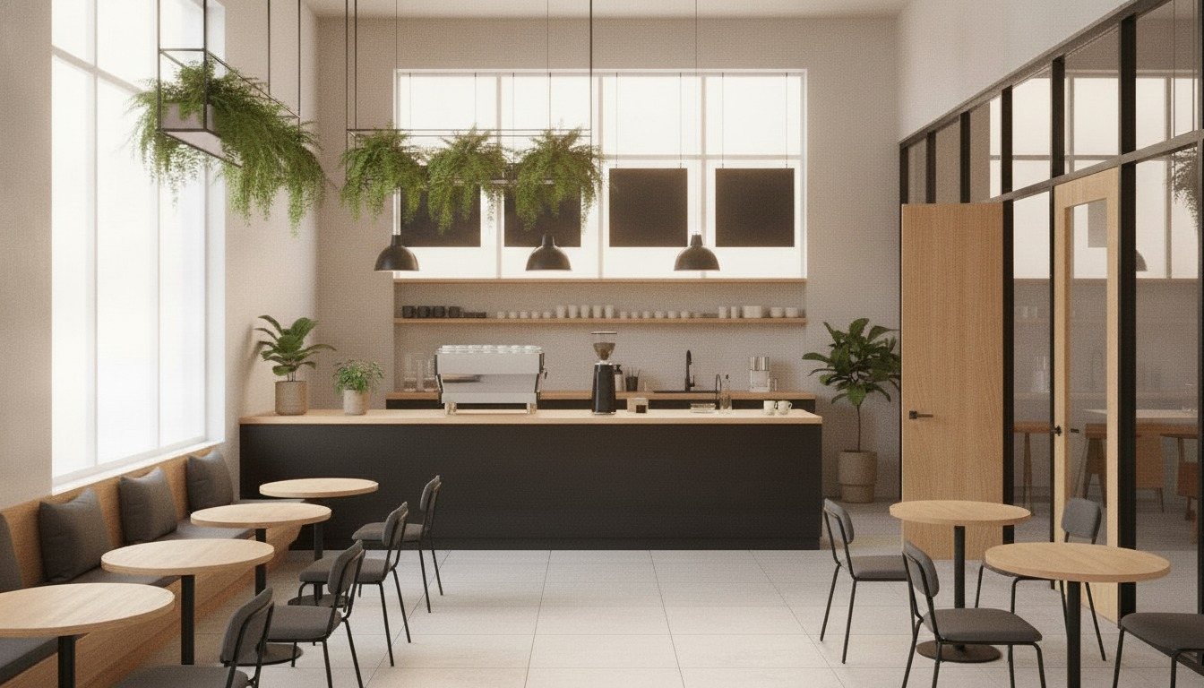 Interior rendering — dining and service counter