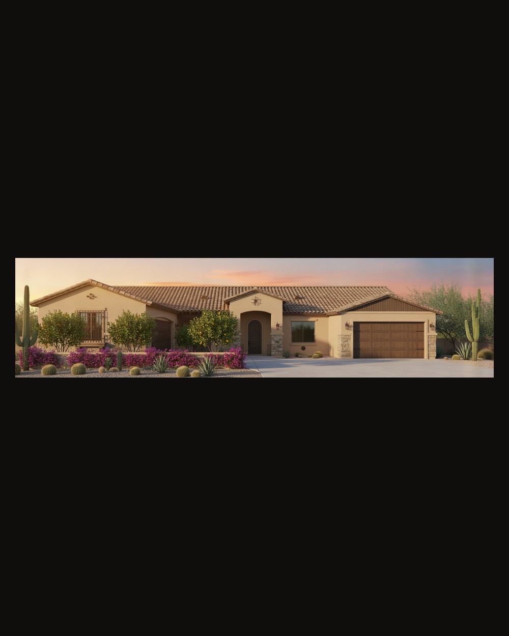 Single-story Spanish/Mediterranean new-build home — exterior rendering